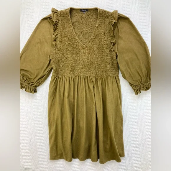 Madewell Dress Flannel Lucie V-Neck Smocked Mini Dress Weathered Olive Size 2X - Picture 2 of 16